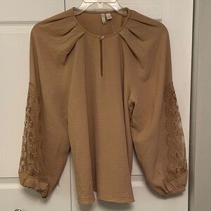 NWT CATO C EST. 1946 Tan Long-sleeve Blouse Embroidered Lace Pleated Details